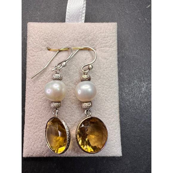 Citrine and pearl sterling silver dangle earrings - Picture 16 of 16